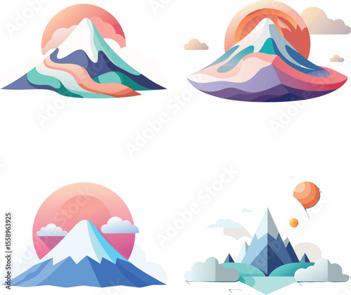 Vector art of four stylized vector illustrations of mountain, each with a unique color palette and atmospheric setting, isolated on white background