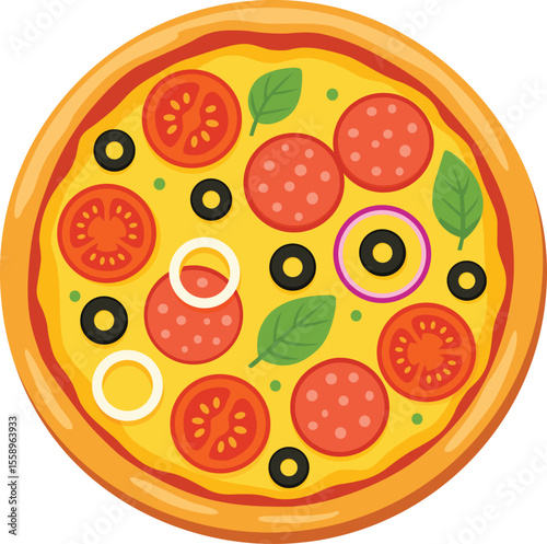 Pizza tomato pepperoni olive basil onion cheese crust Italian delicious round baked dinner lunch snack fast food meal vegetable topping