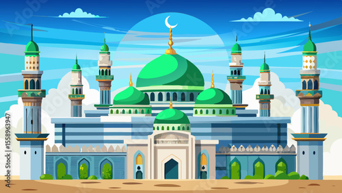 Al-Masjid an-Nabawi, Medina, Saudi Arabia
Green dome and silver minarets shine beneath the pale blue sky. The entire structure appears majestic and symmetrical, surrounded by wide marble plazas filled