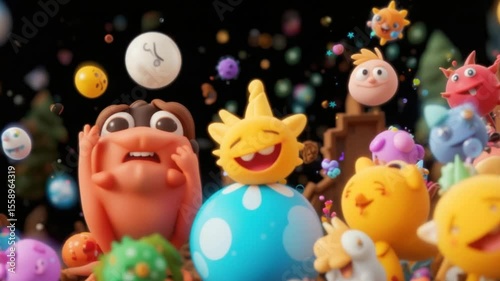 3D Animated Characters with Funny Expressions in a Colorful and Abstract Environment