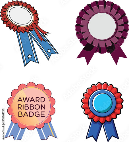 3D Vector Award Ribbon Badge with Red Rosette and Blue Ribbons. 