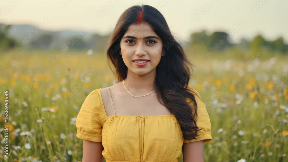 Peaceful Freedom: Young Woman Standing in a Blooming Flower Field Peaceful Freedom: Young Woman Standing in a Blooming Flower Field