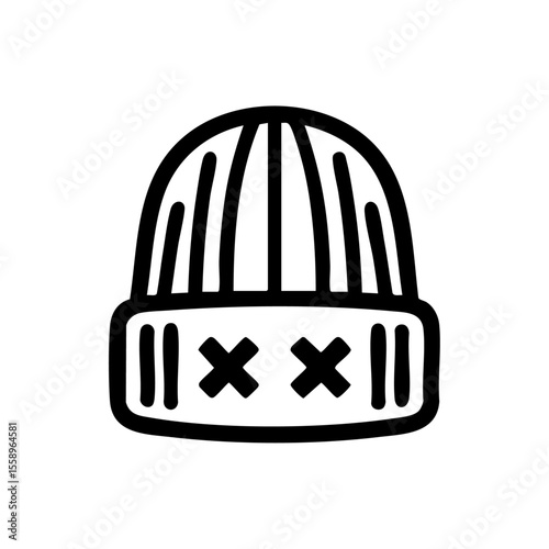 Vector icon of a beanie hat with stitched X eyes in minimalist style.

