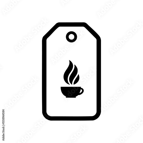 Minimalist black icon of coffee cup on product label tag.

