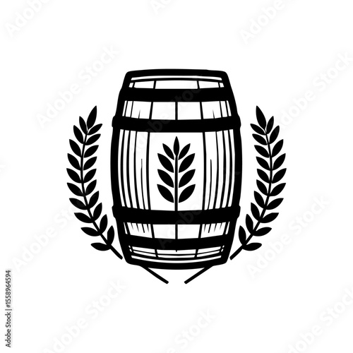 Minimalist vector icon of a wooden beer barrel with wheat stalks, symbolizing traditional brewing and craft beer heritage.

