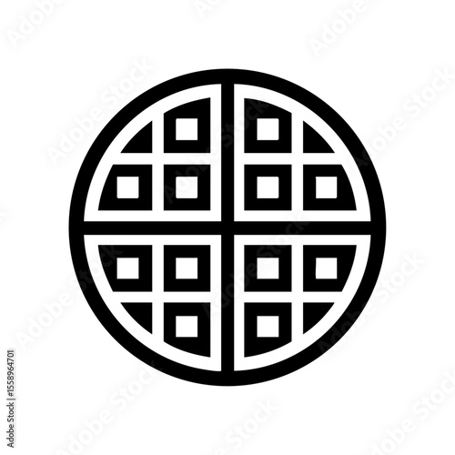 Minimalist black vector icon of a round waffle with a grid pattern divided into four quarters, symbolizing breakfast, brunch, and sweet pastries.


