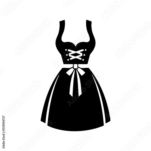 Clean black vector logo of a dirndl dress with bow and corset-style bodice, representing traditional women’s attire for Oktoberfest and Bavarian folk festivals.

