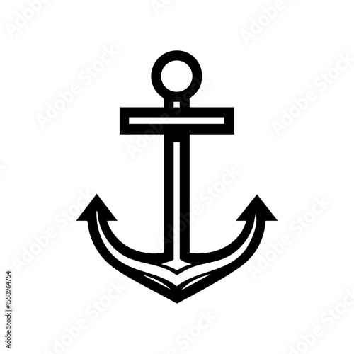 Clean black vector icon of a nautical anchor with pointed flukes and a central shank, symbolizing strength, navigation, and maritime themes.

