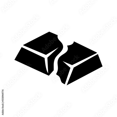 Simple black icon of two broken chocolate pieces with melting center, symbolizing sweet indulgence, dessert ingredients, and gourmet confectionery.

