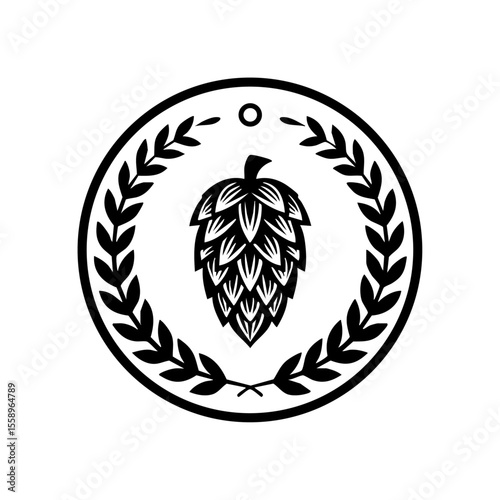 Black vector logo featuring a hop cone inside a circular laurel wreath, representing beer brewing, tradition, and quality craft beverages.
