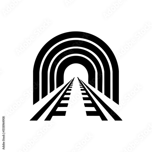 Minimalist black vector of train tracks vanishing into a layered tunnel, symbolizing transportation, journey, and travel infrastructure.
