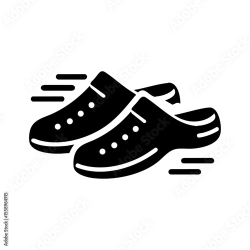 Minimalist black icon of a pair of clogs with speed lines, representing fast movement in casual or traditional footwear.
