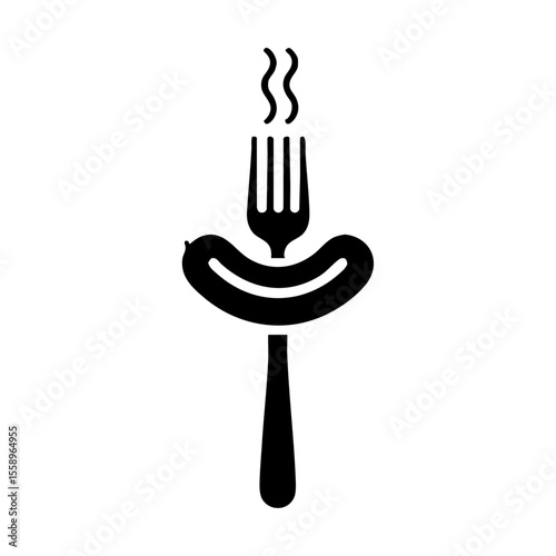 Minimalist black vector showing a steaming sausage pierced by a fork, representing hot food, grilling, or traditional meals.
