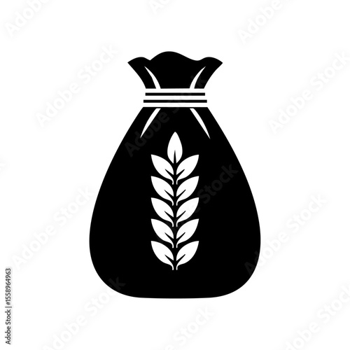 A minimalist black vector logo showing a flour sack with a wheat emblem, representing baking ingredients, agriculture, or organic products.

