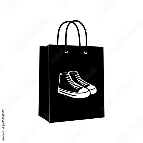 Minimalist black vector of a shopping bag with sneakers icon, representing footwear retail, streetwear fashion, and e-commerce shopping.
