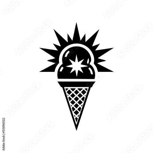 A dynamic black vector of an ice cream cone with a triple scoop and a starburst element, representing summer treats or dessert excitement.
