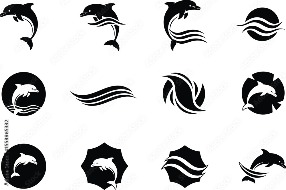 Collection of Elegant Dolphin Logos and Icons Perfect for Marine Businesses Collection of Elegant Dolphin Logos and Icons Perfect for Marine Businesses
