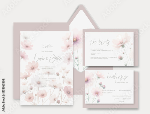 Watercolor wedding invitation with pink delicate cosmea flowers.