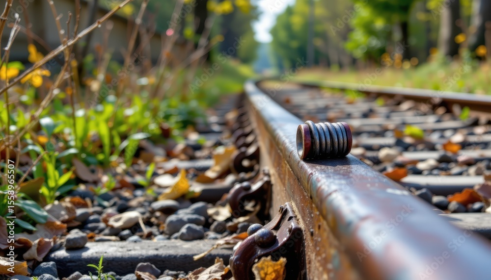 Obraz premium Rusty Railroad Track Close up with Small Metal Object in Autumn Setting
