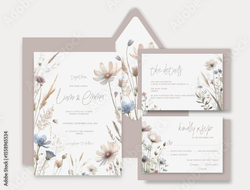Luxury watercolor wedding invitation with hand drawn wild flowers and botanical leaves.