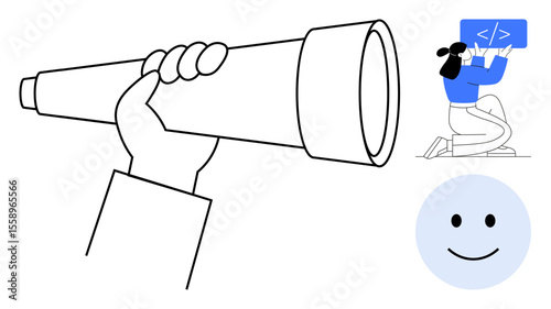Hand holding a telescope symbolizes exploration, a woman writes code on a blue screen representing technology, and a simple smile face adds positivity. Ideal for tech, innovation, creativity