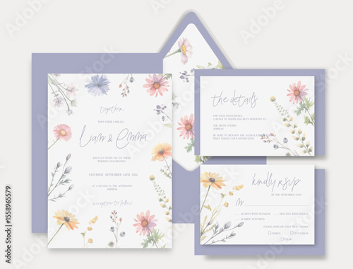 Luxury watercolor wedding invitation with wild flowers, herbs and botanical leaves.