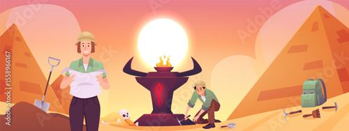 Banner with archaeologists exploring excavation site near burning altar, pyramids in sand, sunset.