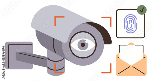 Security camera monitoring surroundings, fingerprint scan with verification, email envelope. Ideal for privacy, data protection, monitoring, digital security, access control, authentication