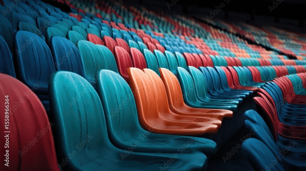 Obraz premium Rows of Colorful Stadium Seats with a Single Orange Chair Highlighting Contrast and Vivid Design Elements
