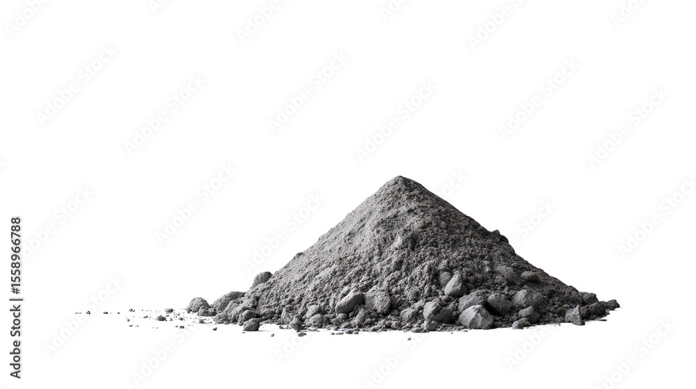 Fototapeta premium Concrete powder on surface: A starkly simple yet compelling shot of a mound of gray concrete powder, perfectly captured with a clean, uncluttered background.