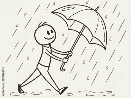 Cheerful child walking with an umbrella in the rain, playful illustration of resilience and joy