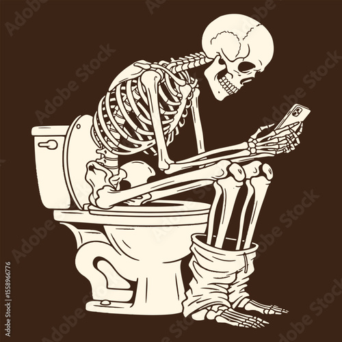 Skeleton Sitting on Toilet Using Smartphone Vector Illustration