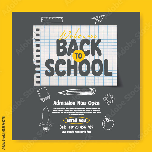 Modern school admission social media post, banner, ads template for back to school party and educational advertisements, online learning web banner, square poster educational supplies vector elements