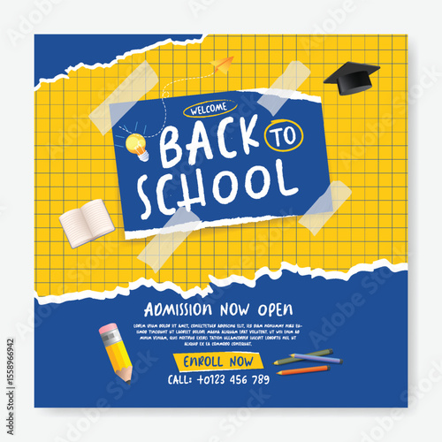 Modern school admission social media post, banner, ads template for back to school party and educational advertisements, online learning web banner, square poster educational supplies vector elements