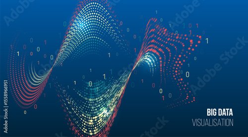 Dynamic wave of colored dots with binary code elements on blue background. Concept of big data visualization, analytics and digital technologies. For banner or presentation