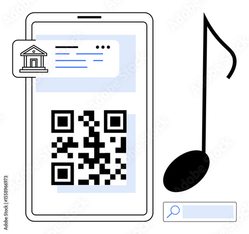 Smartphone displaying QR code alongside bank app interface and music note. Ideal for fintech, payments, banking, e-commerce, technology, innovation, mobile services, simple landing page