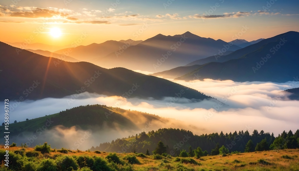 Fototapeta premium Sunrise over mountain valleys