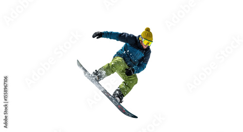 Athletic male snowboarder in mid-20s, yellow beanie, blue and black jacket, green snow pants, mid-air acrobatic jump with erupting snow cloud against transparent background, studio quality,