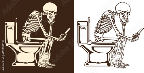 Skeleton Sitting on Toilet Using Smartphone Vector Illustration
