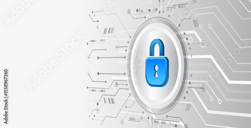 Modern cyber background with printed circuit board, blue padlock on light hi-tech background. Symbolizes data protection, network security and digital reliability. For information security themes.