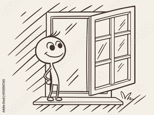 Cheerful child gazing out of an open window, playful illustration of curiosity and exploration