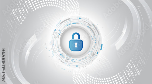 Digital lock on the background of abstract technological circles in light gray color scheme. Symbol of cybersecurity, privacy and digital data protection. For high-tech security presentation.