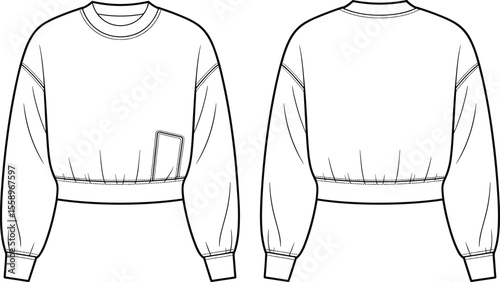Stylish Cropped Women's Sweatshirt with Front Pocket Design, Casual Fashion Apparel for Everyday Wear, Cozy and Trendy Top, Vector Flat Sketch Illustration