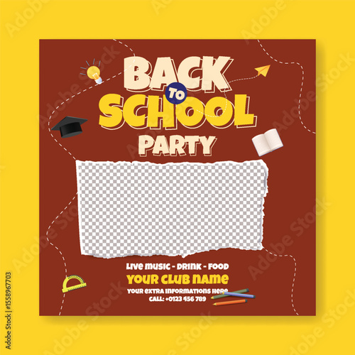 Back to school celebration party post, school admission banner, preschool, educational square flyer or poster, Back to school Sale discount offer post banner background with white blank space for text