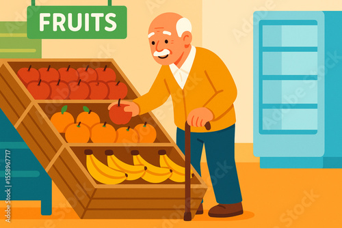 Elderly Man with Cane Selecting Fruits at Supermarket Flat Vector Illustration Friendly Accessible Scene