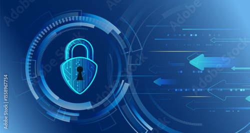 Cybersecurity concept with padlock and digital arrows on futuristic tech blue background. Perfect for data protection, privacy or network security themes.