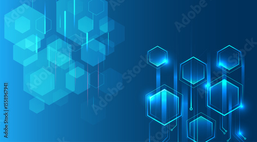 Geometric futuristic concept. Abstract technological background consisting of hexagons and glowing stripes on a blue background. Suitable for high-tech presentations and banners.