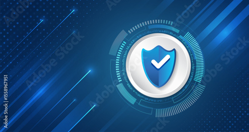 Digital shield on a blue hi-tech background with stripes and glowing dots, symbolizing cybersecurity and data protection. Technological background is ideal for security and IT infrastructure themes