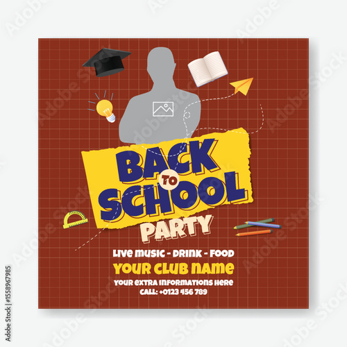 Back to school celebration party post, school admission banner, preschool, educational square flyer or poster, Back to school Sale discount offer post banner background with white blank space for text