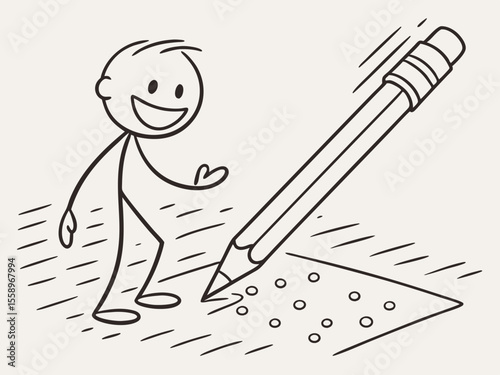 Enthusiastic child interacting with a giant pencil, playful illustration of creativity and learning